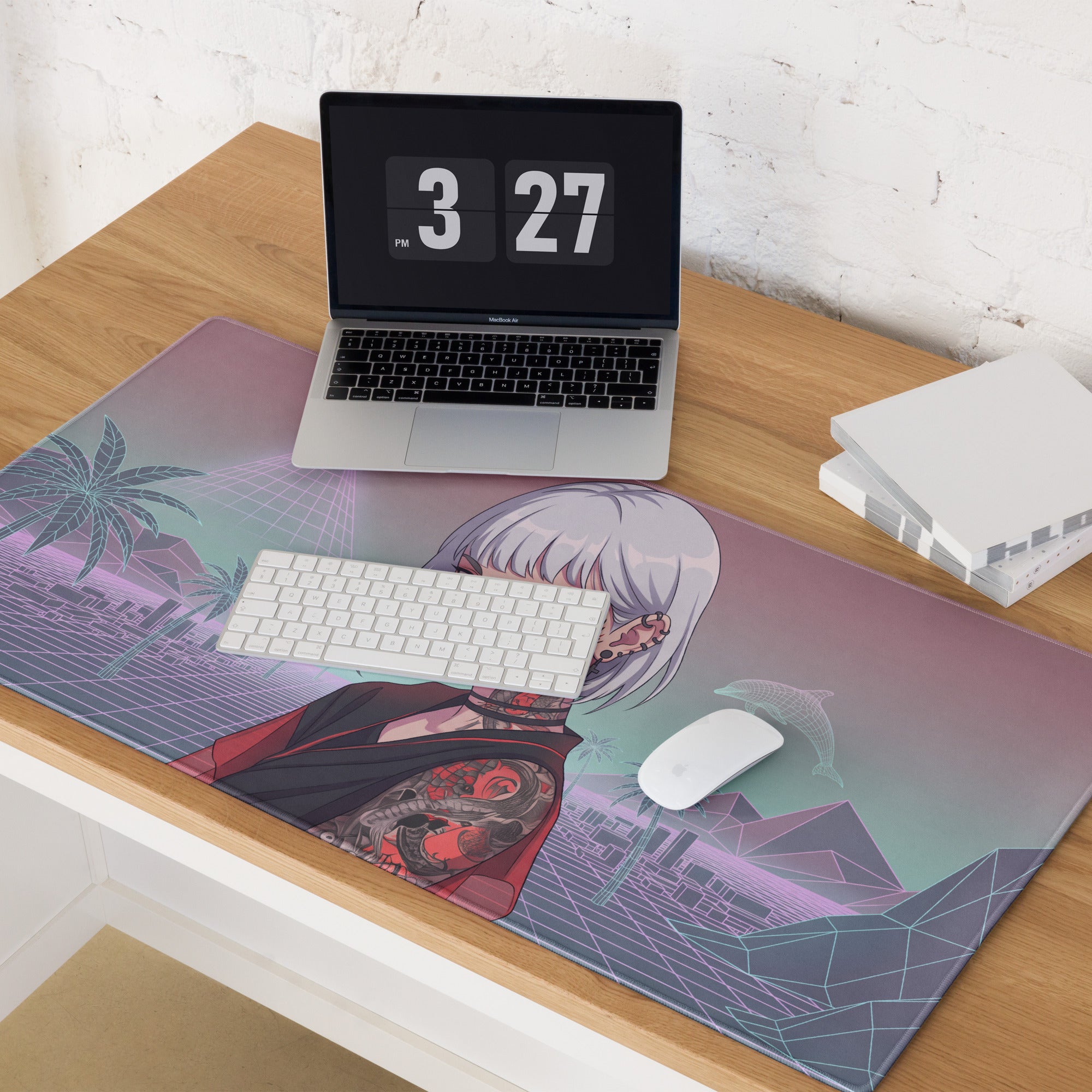 A vibrant vaporwave neon desk pad with a silver haired anime girl and red tattoos on a futuristic cityscape background