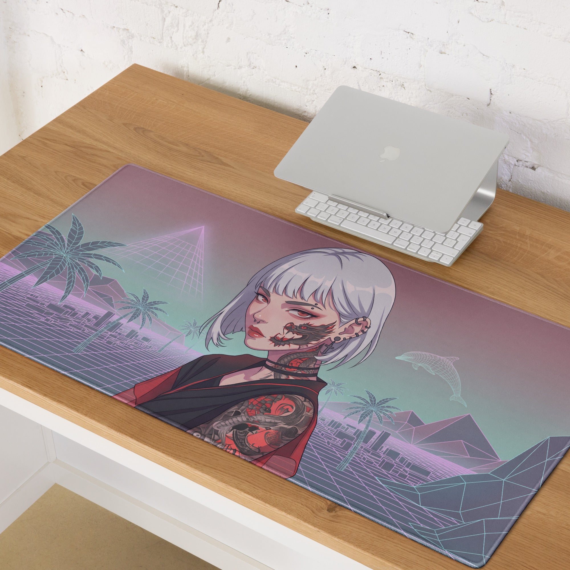 A rectangular translucent vaporwave neon desk pad with a silver haired anime girl and cyberpunk tattoos on a purple teal background