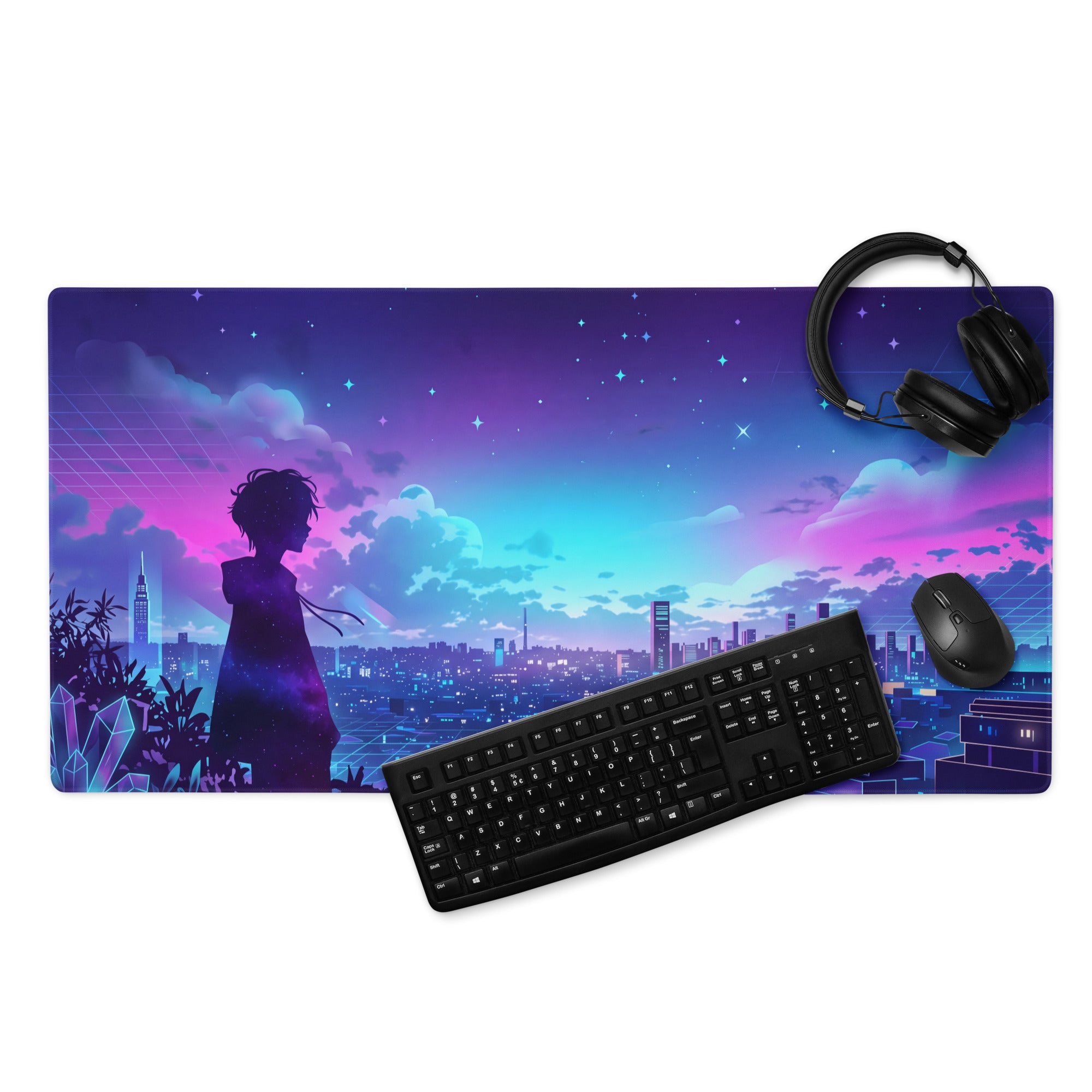 Vaporwave night city mouse pad with purple pink blue gradient and silhouette overlooking futuristic buildings under stars