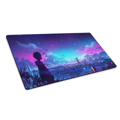 Vaporwave night city mouse pad featuring a nebula-themed anime silhouette over a pink purple futuristic cityscape