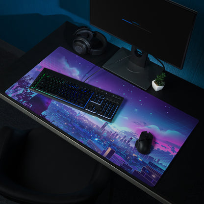 A vibrant purple and blue neon vaporwave night city mouse pad with a futuristic skyline design for gaming desks