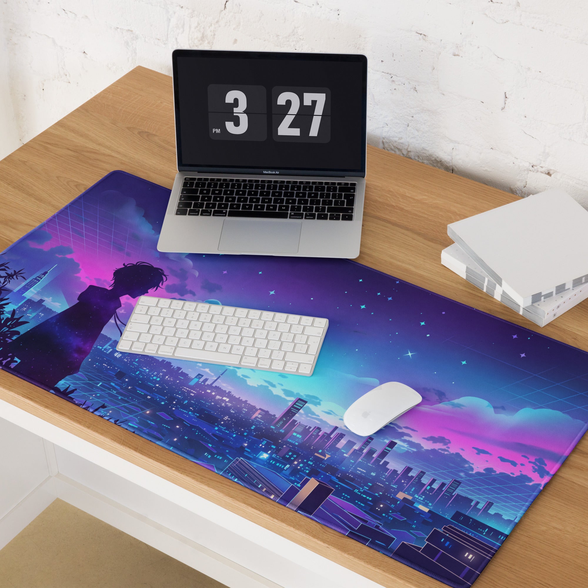 Vibrant purple and blue neon vaporwave night city mouse pad with silhouette against starry sky for gaming desk use