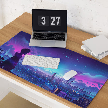 Vibrant purple and blue neon vaporwave night city mouse pad with silhouette against starry sky for gaming desk use