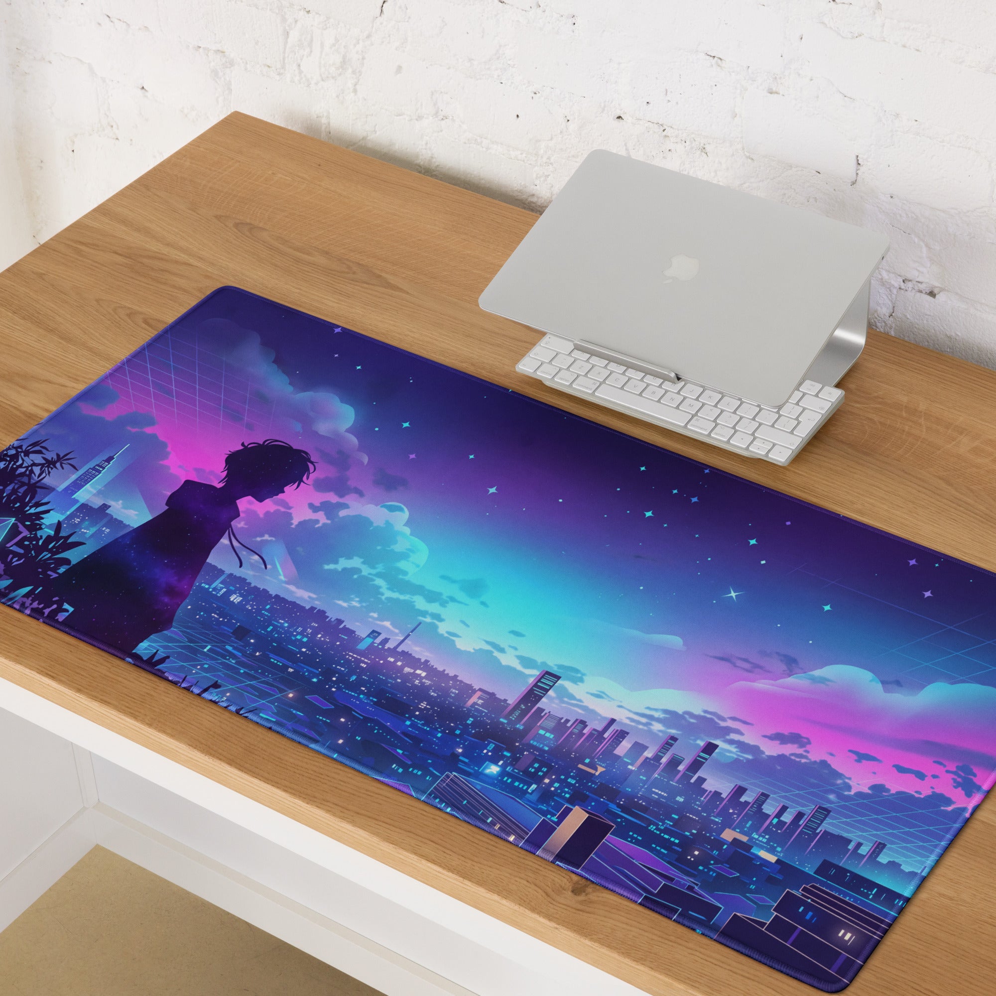 Vaporwave night city mouse pad with neon purple and teal cityscape and silhouette for gaming and desktop use
