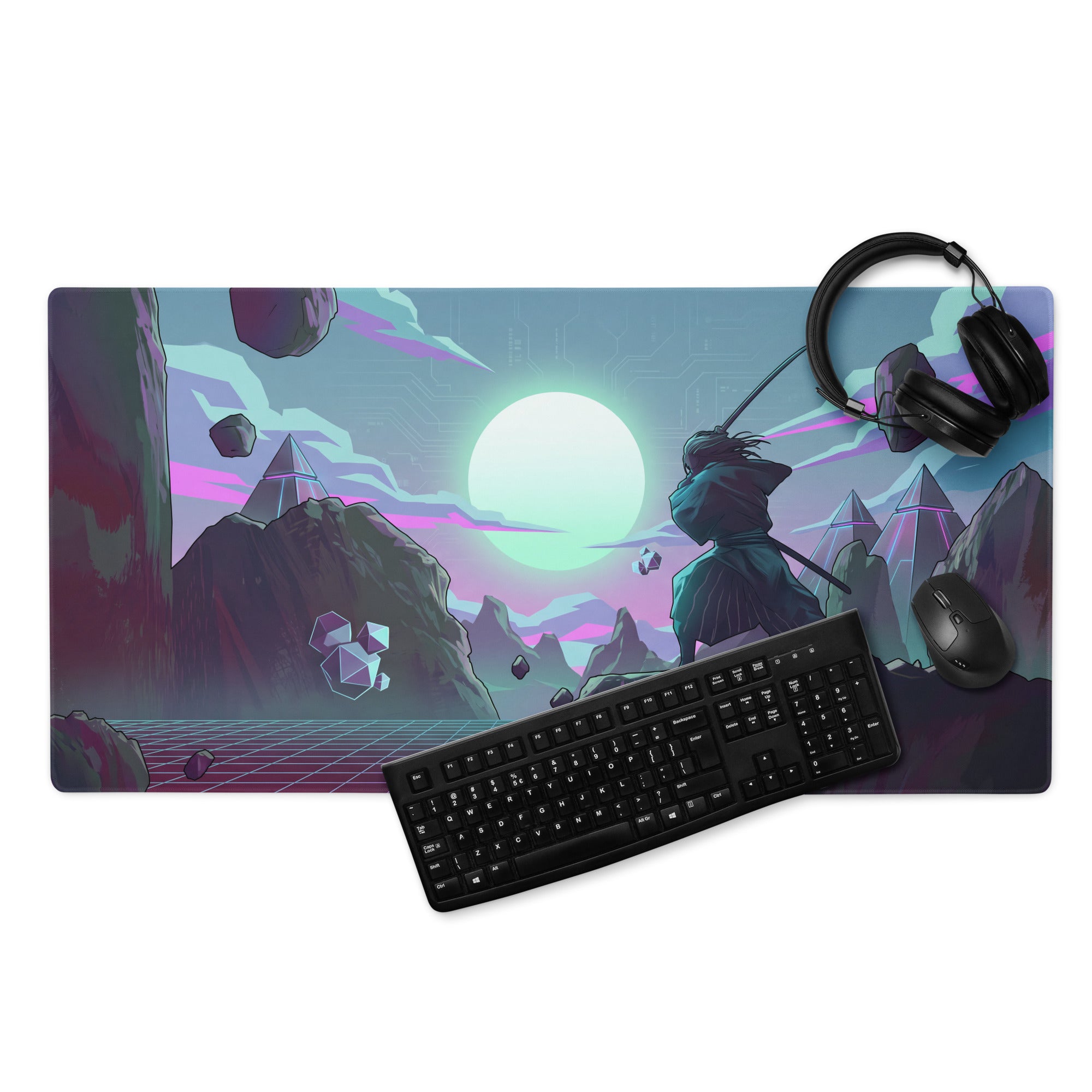 Ninjago-themed gaming mousepad with vibrant purple and teal cyberpunk landscape and glowing sun vaporwave neon design