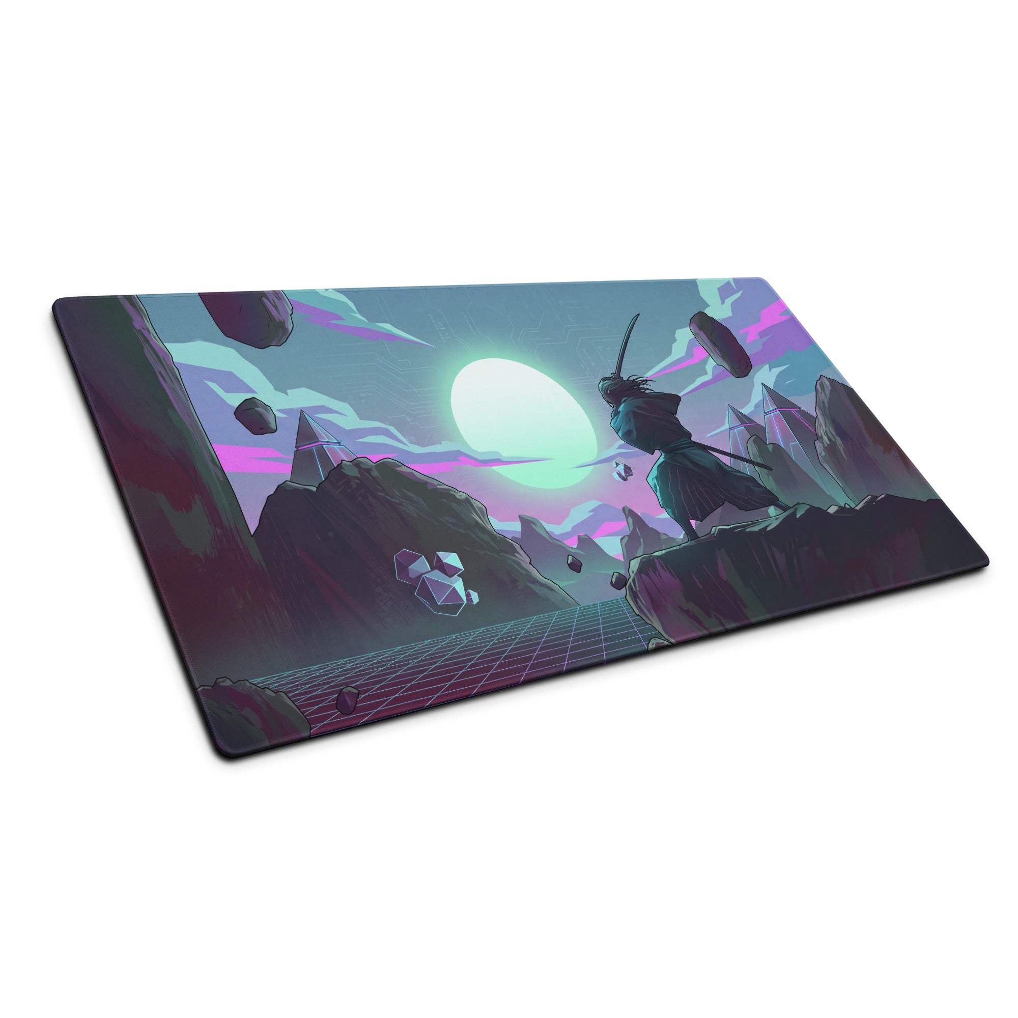 Rectangular vaporwave neon gaming desk mat featuring an anime samurai under a green moon with purple and teal hues