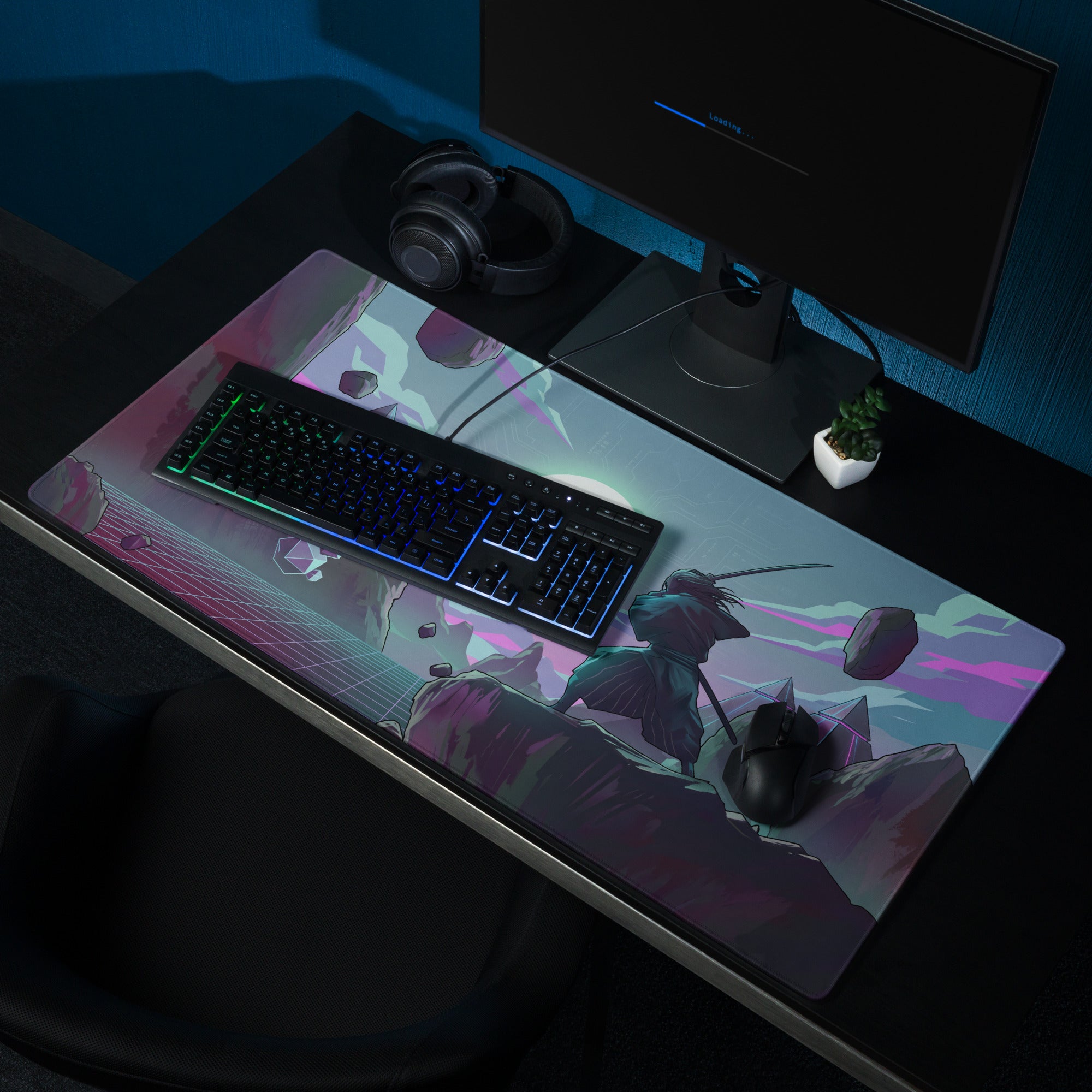 Vaporwave neon gaming desk mat featuring a vibrant anime warrior design in pink and cyan for a retro futuristic setup