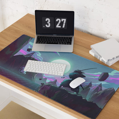 Vaporwave neon gaming desk mat featuring a ninja-themed design with vibrant neon purples and blues on dark rocky terrain