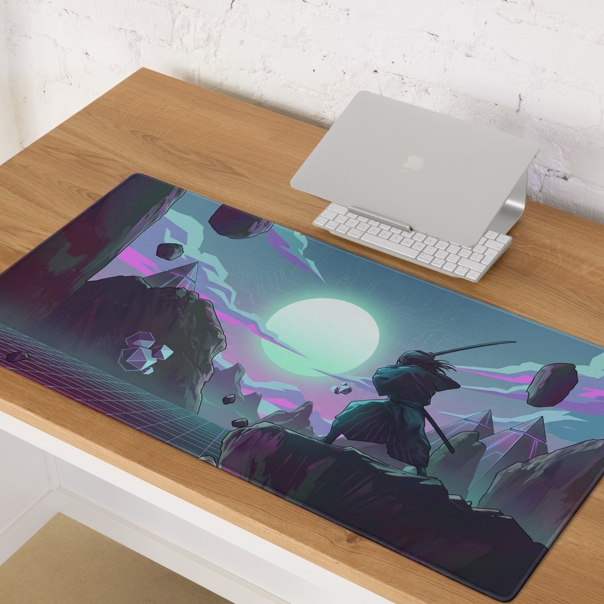 A rectangular vaporwave neon gaming desk mat featuring a vibrant samurai illustration under a green moon