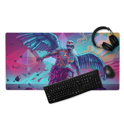 Vaporwave winged skeleton mouse pad with neon pink and teal design featuring a glowing angel skeleton and cosmic background
