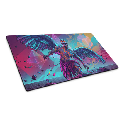 Vibrant neon purple gaming mousepad with a winged skeleton and glowing orange veins on a cosmic geometric background