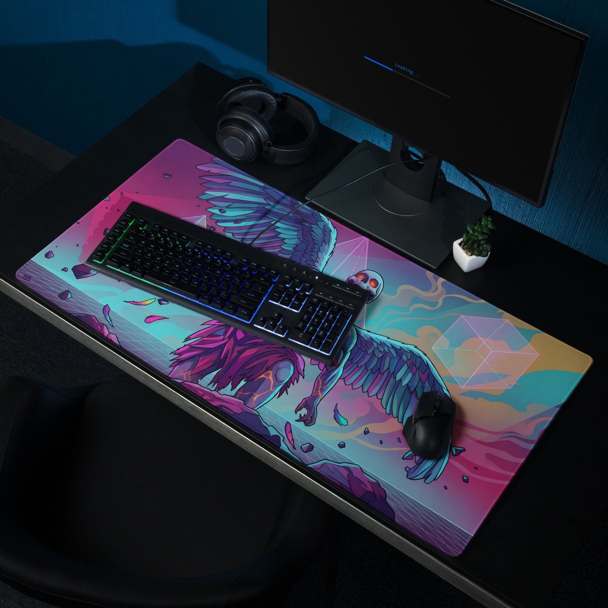Vibrant vaporwave winged skeleton gaming mousepad with stylized neon pink and teal wings on a retro futurism desk