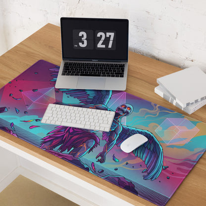 Vibrant purple and teal winged skeleton design on a rectangular vaporwave gaming mousepad for desk use