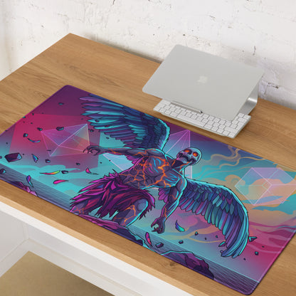 Vaporwave winged skeleton mouse pad with neon pink and teal winged skeletal graphic on rectangular gaming surface