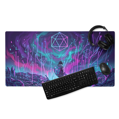 Neon vaporwave matrix mouse pad in purple and teal with futuristic sci-fi art featuring glowing geometric shapes and a figure