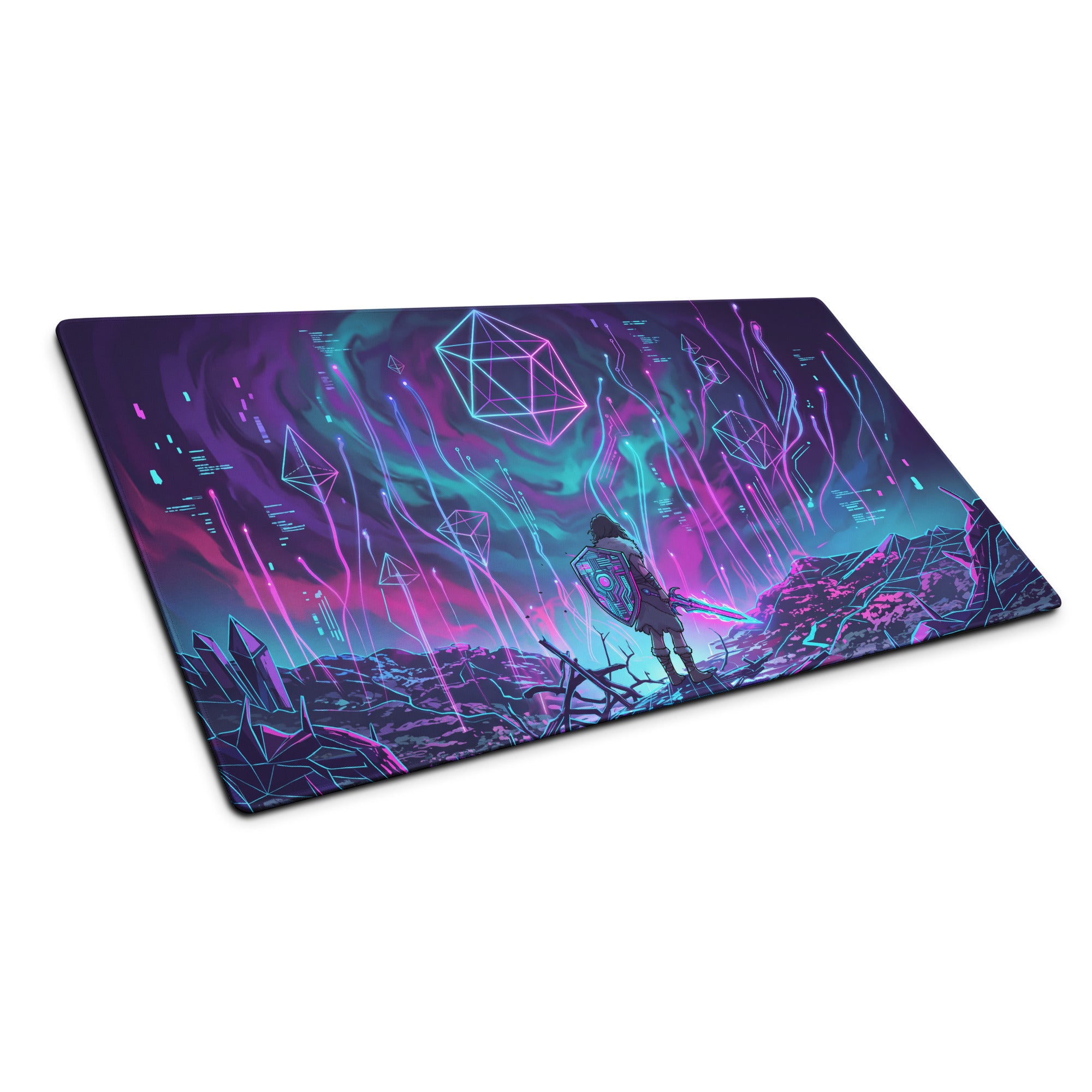 Neon vaporwave matrix mouse pad featuring a vibrant purple and teal digital landscape with geometric shapes and an armored figure
