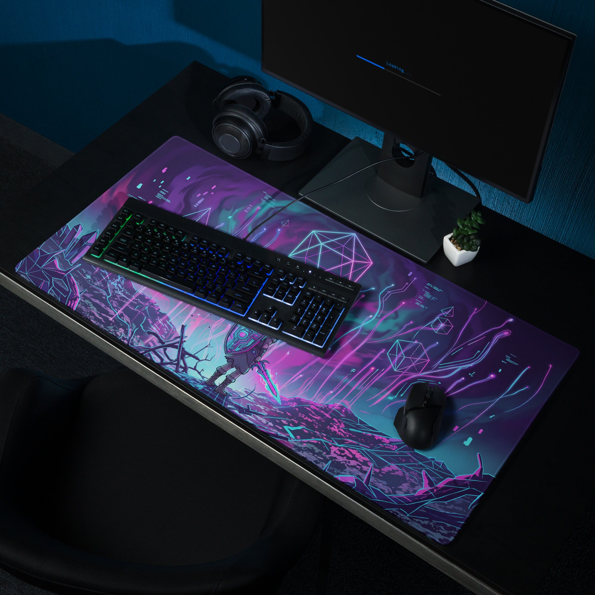 Neon vaporwave matrix gaming mouse pad with vibrant purple and neon pink glowing geometric cyberpunk designs