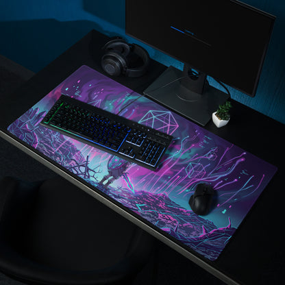 Neon vaporwave matrix gaming mouse pad with vibrant purple and neon pink glowing geometric cyberpunk designs