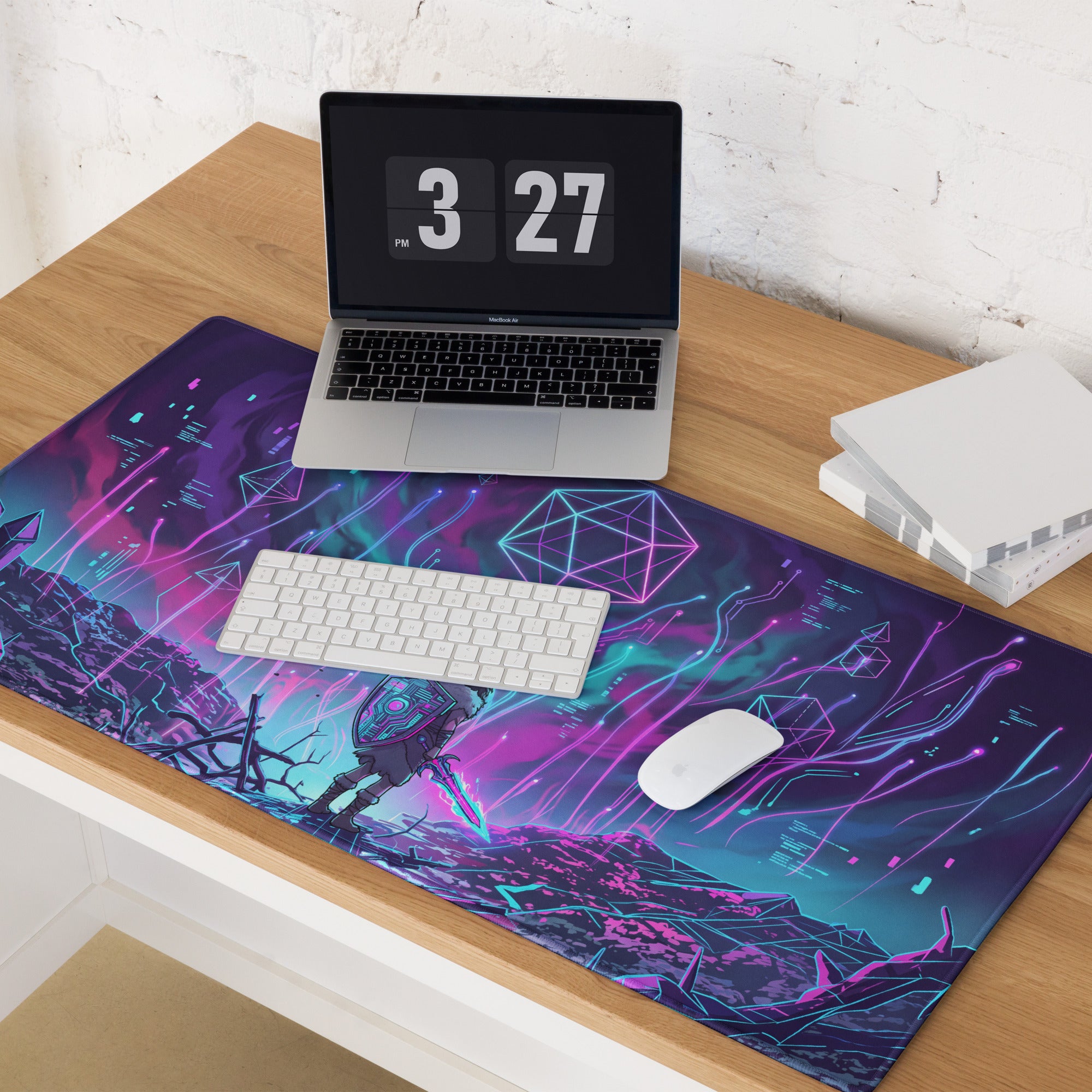 Neon vaporwave matrix mouse pad featuring vibrant neon purple and teal geometric cyberpunk designs for gaming setups