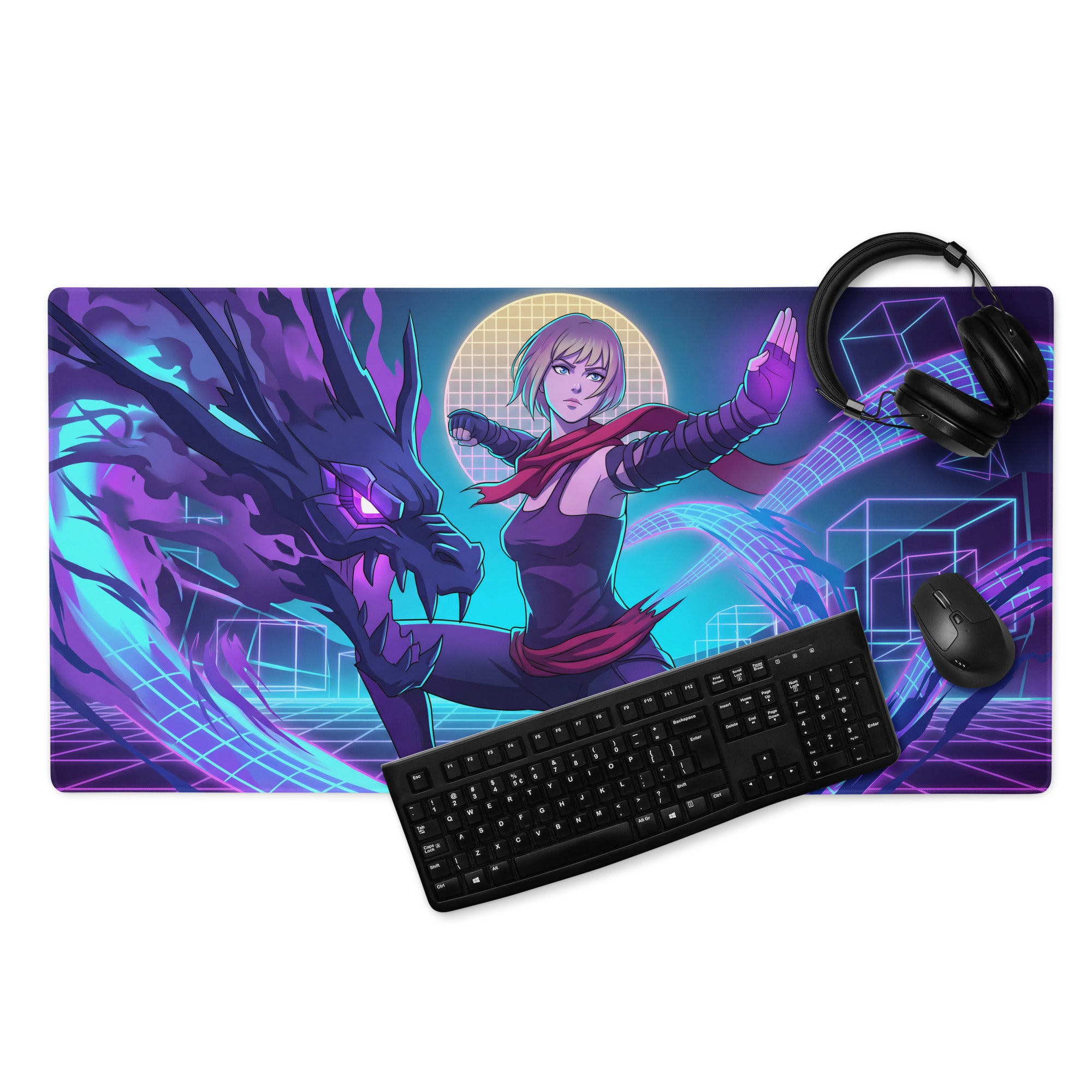 Vaporwave neon hero mouse pad with vibrant purple and tealanime warrior and dragon on a futuristic grid design