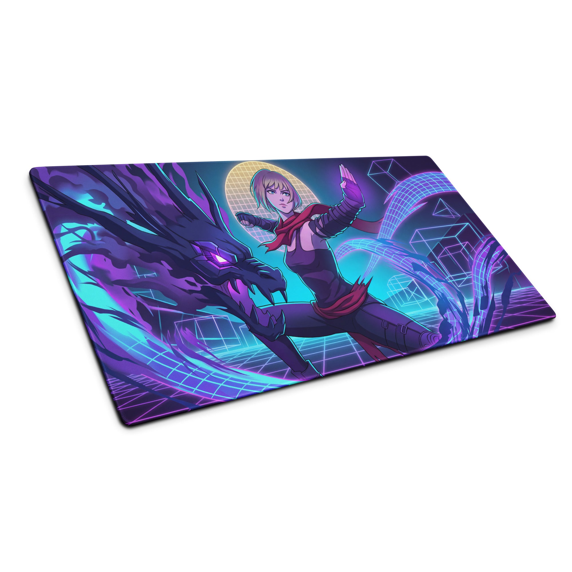 Vaporwave neon hero gaming mouse pad with vibrant purple and teal cyberpunk design featuring anime character battling dragon