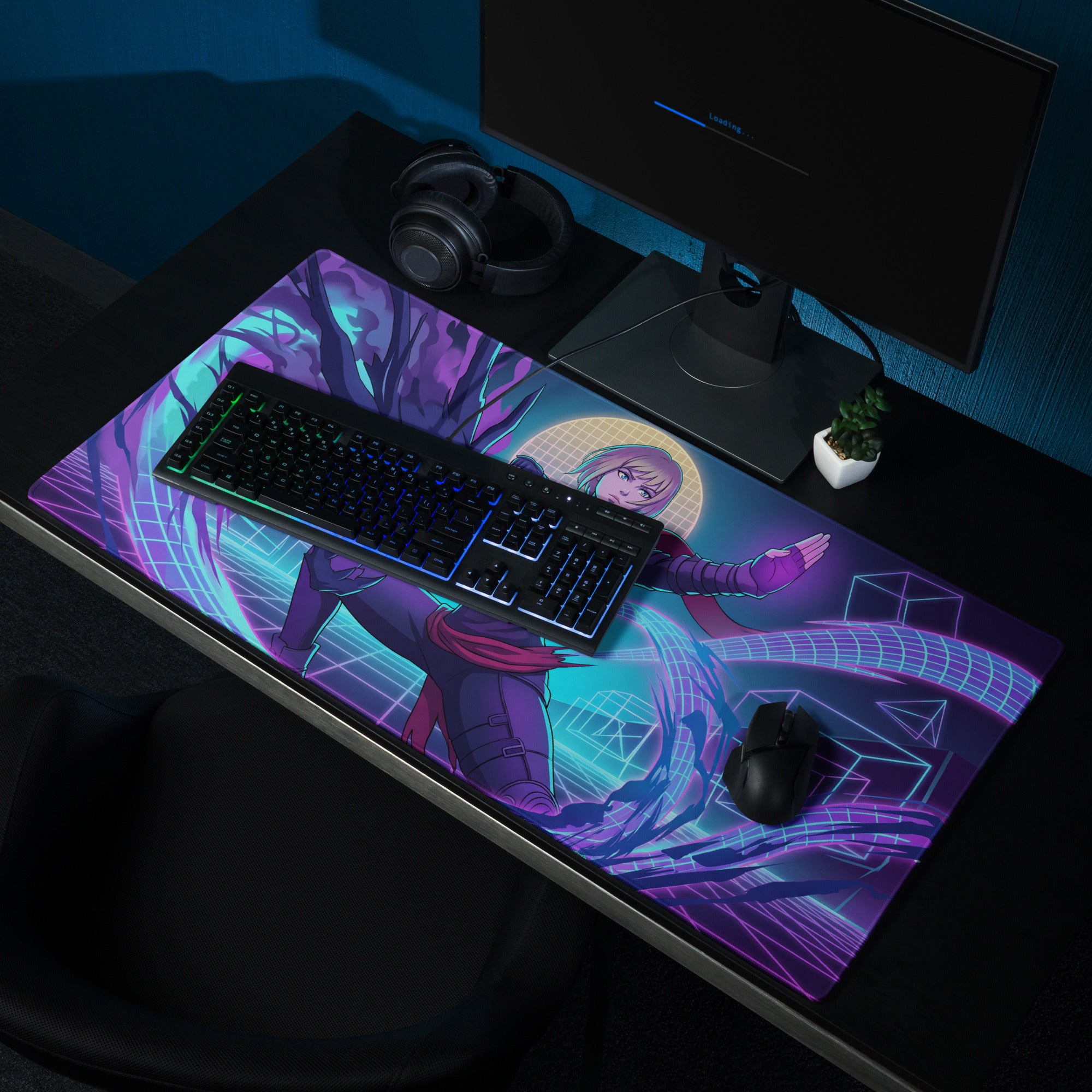 Naruto-themed gaming mousepad with vibrant purple and teal neon cyberpunk design and anime character in dynamic pose