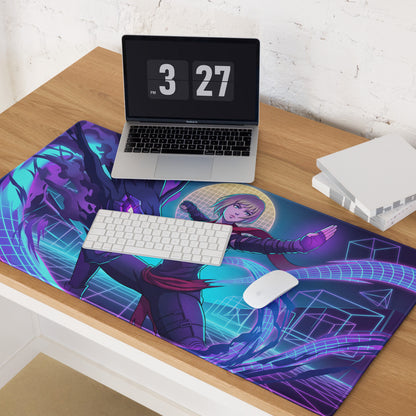 Vibrant purple and teal vaporwave neon hero mouse pad featuring a dynamic anime-themed character design for gaming desk use