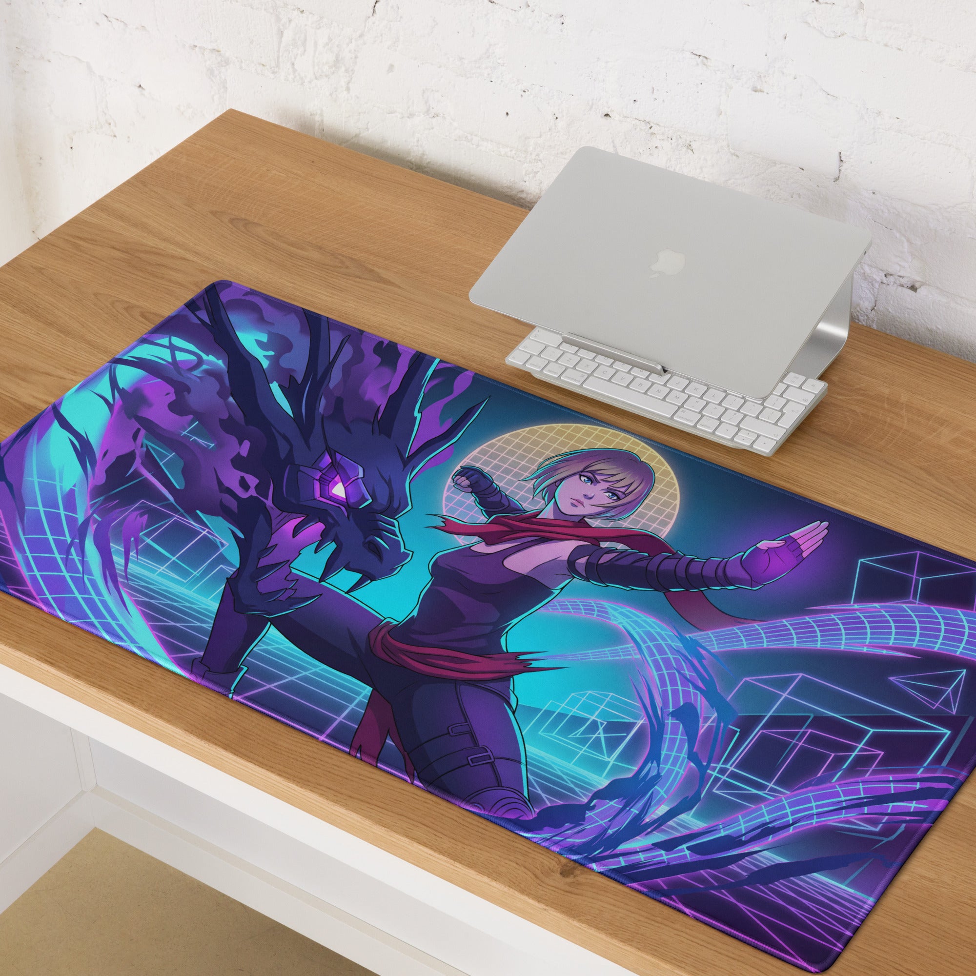 Narrow purple and teal vaporwave neon hero mouse pad with dynamic anime character and glowing dragon in cyberpunk style