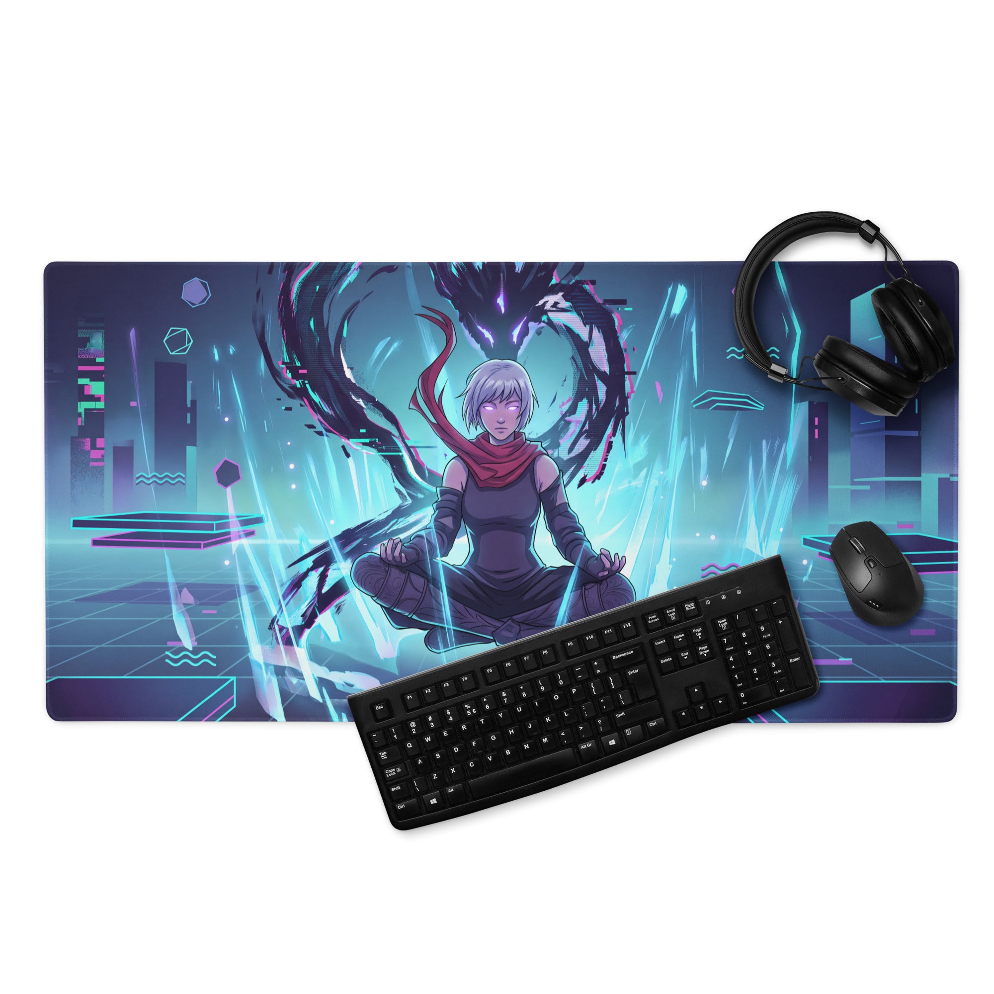 Narrow rectangular gaming mousepad featuring a vibrant silver-haired anime character over neon pink cyan purple cityscape