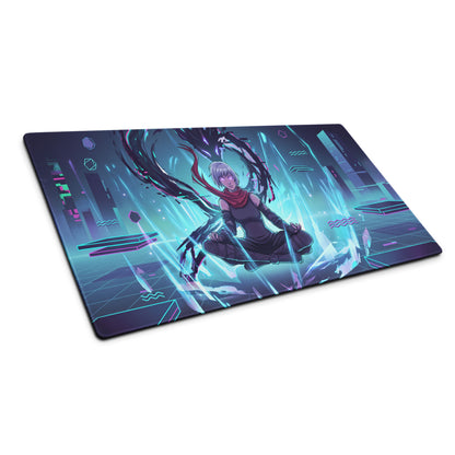 Navy blue gaming mousepad with vibrant anime silver hair character meditating in neon pink cyan purple vaporwave cityscape