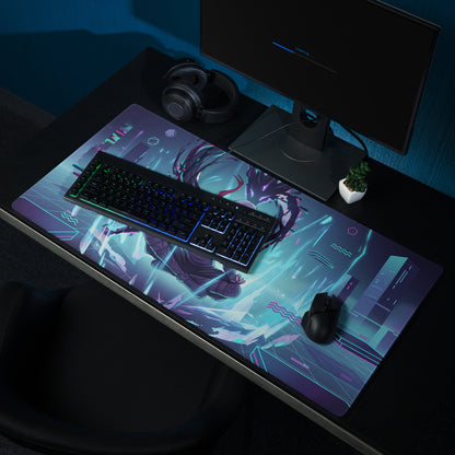 Vaporwave neon city pad gaming mousepad with vibrant anime character in purple teal and neon accents for cyberpunk desks