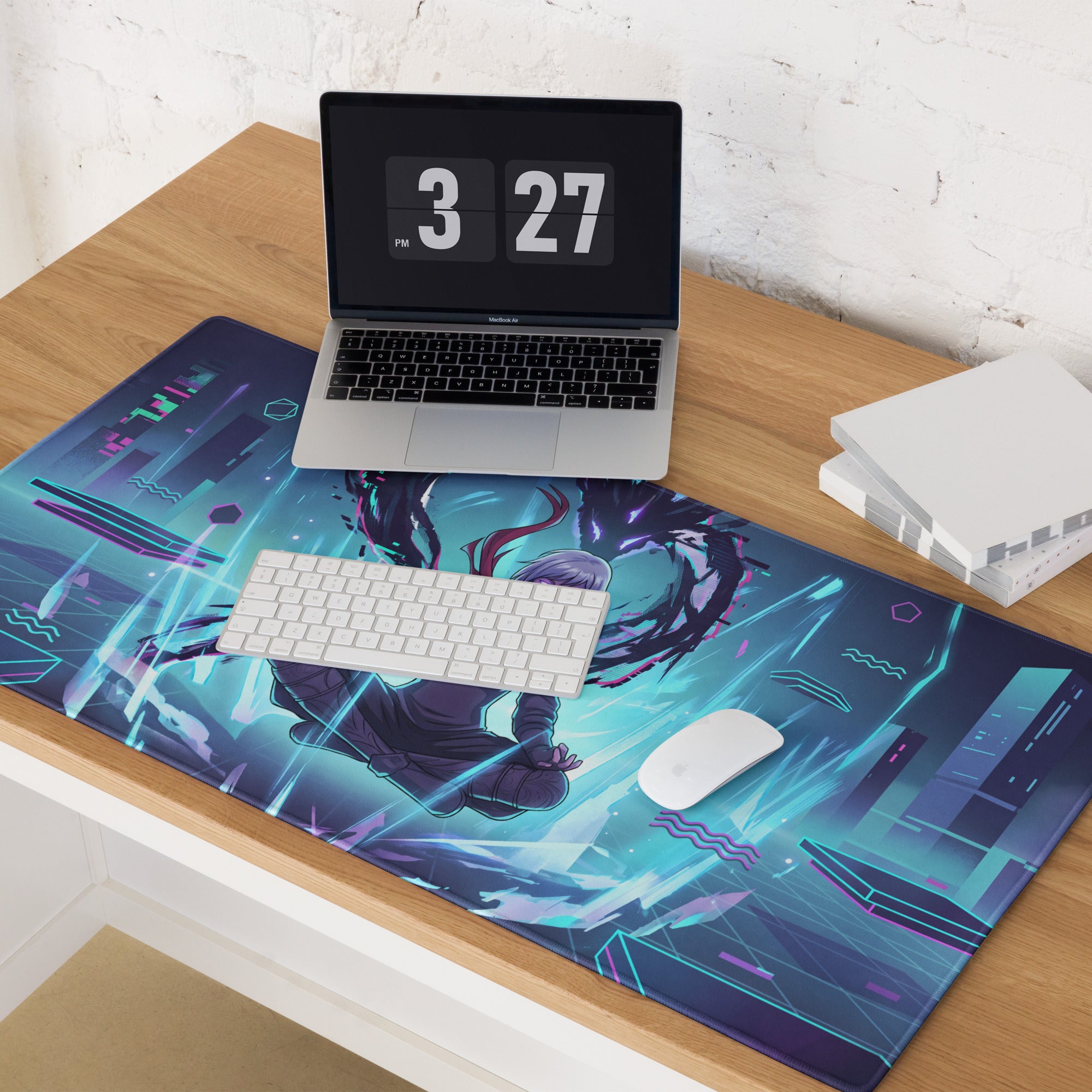 Navy blue and teal cyberpunk vaporwave neon city pad gaming mousepad featuring dynamic anime character design