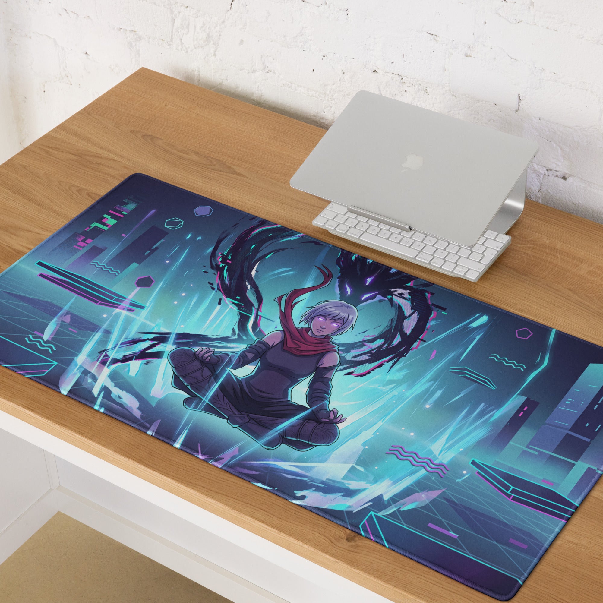 Narrow rectangular gaming mousepad with vibrant anime character and neon pink cyan purple vaporwave cityscape design