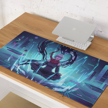 Narrow rectangular gaming mousepad with vibrant anime character and neon pink cyan purple vaporwave cityscape design