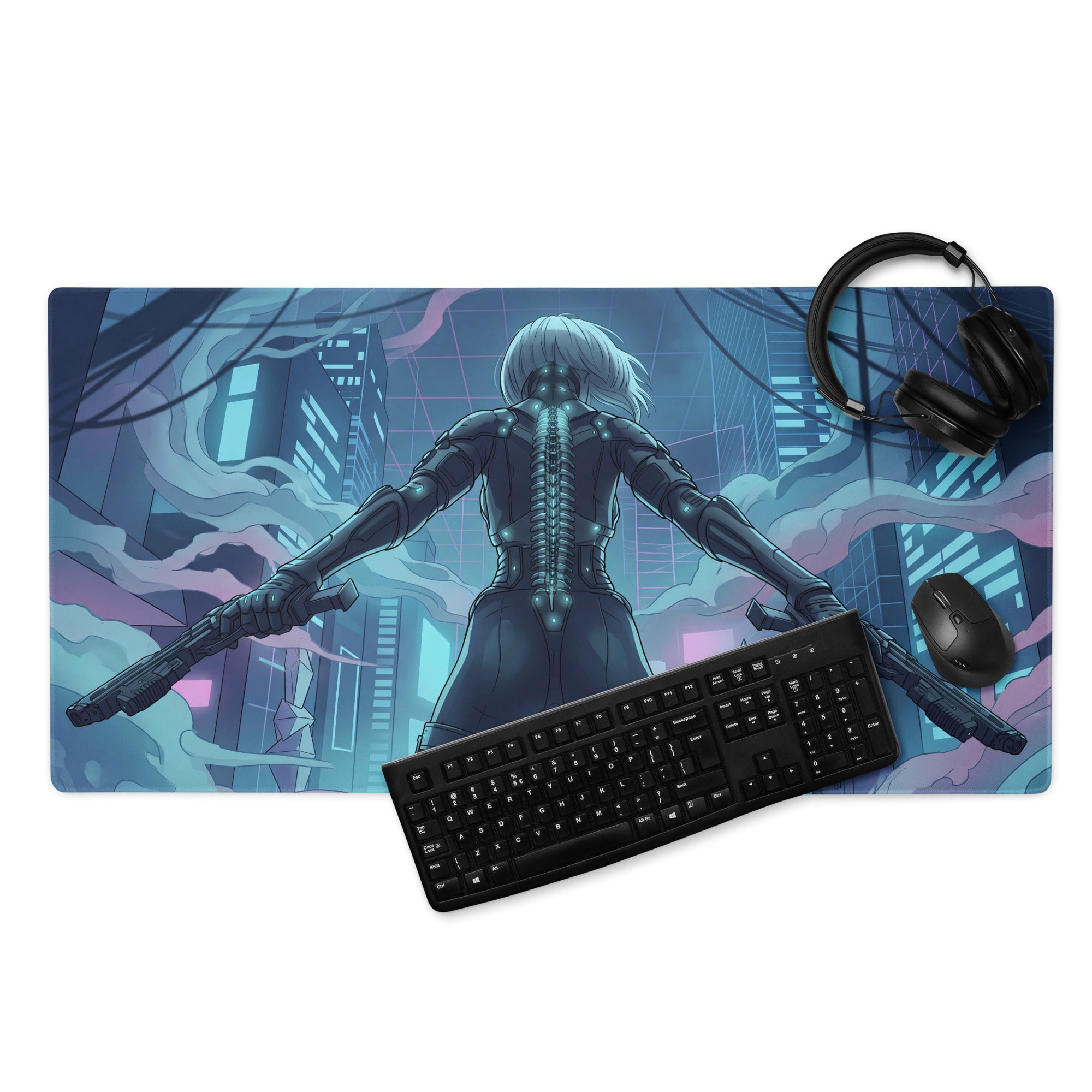 Blue and purple illustrated gaming mousepad with white-haired character and glowing spine for keyboard and mouse use