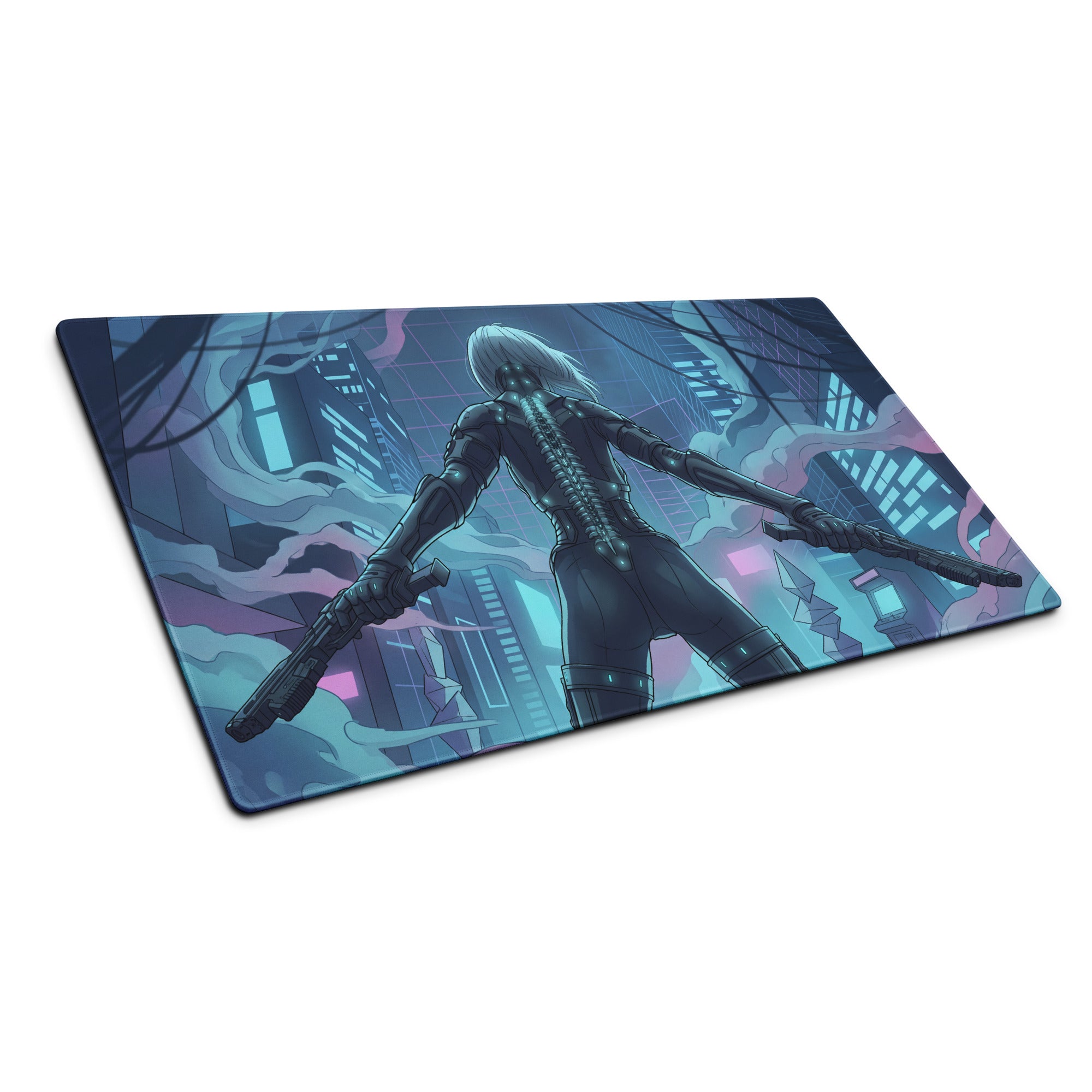 Rectangular neon vaporwave cityscape mouse pad with white haired character green glowing spine guns blue purple cyberpunk art