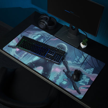 Large rectangular gaming mousepad with white-haired anime character and neon blue purple cyberpunk cityscape design