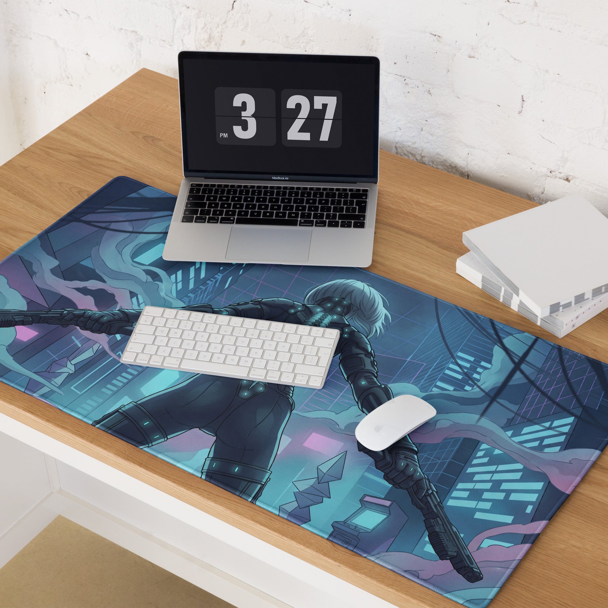 Neon vaporwave blue and purple anime gaming mouse pad with a futuristic black armored character in a cyberpunk cityscape