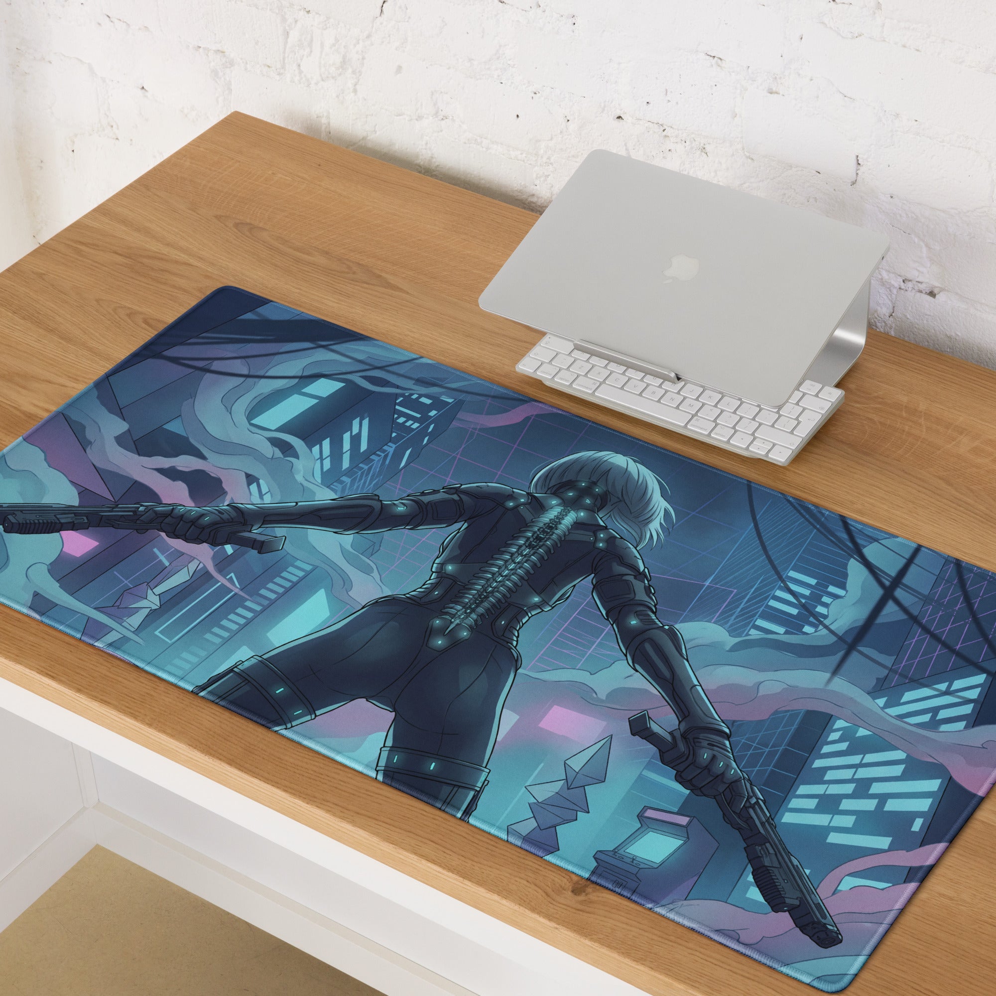 A rectangular glossy neon vaporwave cityscape mouse pad with a cyberpunk anime character in black armor holding guns
