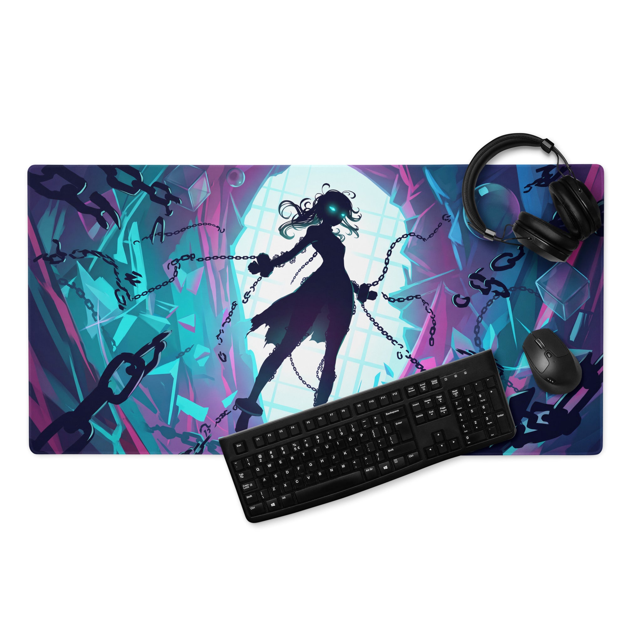 Vibrant purple and teal neon vaporwave gamer mouse pad with anime girl silhouette and glowing green eyes on crystalline backdrop