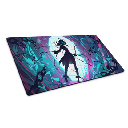 Neon vaporwave gamer mouse pad in vibrant purple and teal with anime silhouette and crystalline glowing backdrop design