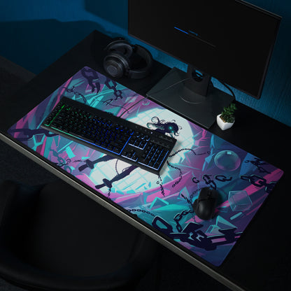Neon vaporwave gamer mouse pad with vibrant purple pink and teal anime design featuring chains and geometric shapes on dark background