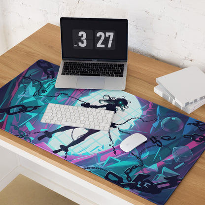 Neon vaporwave gamer mouse pad with vibrant anime character in chains and teal pink geometric vaporwave design