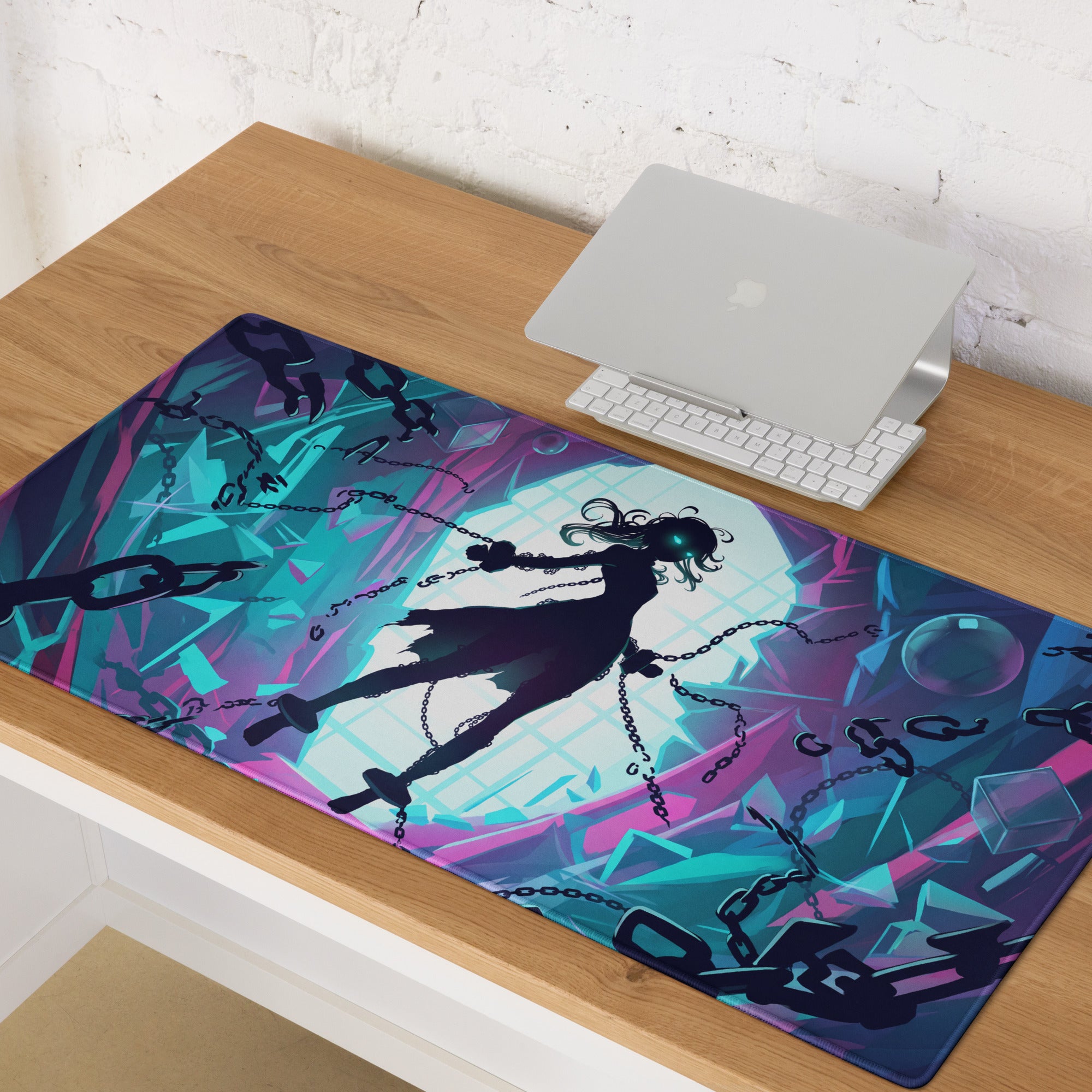 Vibrant purple and teal neon vaporwave gamer mouse pad with anime character silhouette and shattered glass design