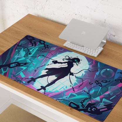 Vibrant purple and teal neon vaporwave gamer mouse pad with anime character silhouette and shattered glass design