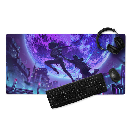Purple and blue anime-themed gaming mouse pad with dynamic characters and futuristic cityscape for vibrant desk setup