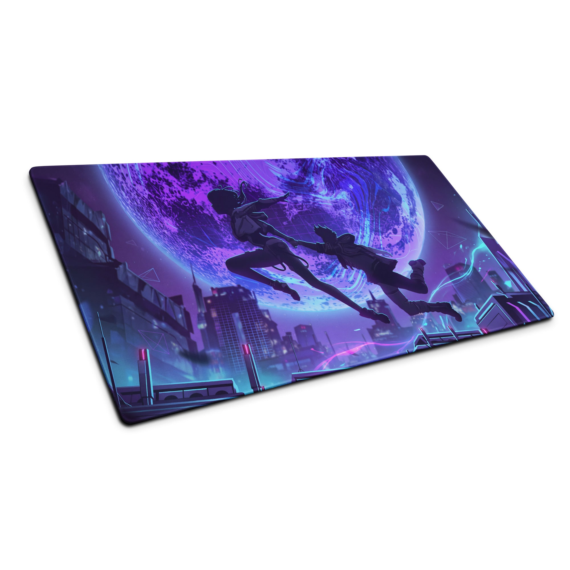 Neon mirage vaporwave mouse pad featuring purple blue neon design with two silhouettes over a futuristic cityscape