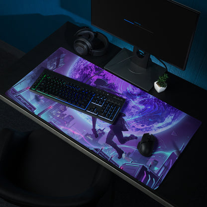Purple and blue neon vaporwave gaming mouse pad with futuristic cityscape and glowing lines on a dark desk surface