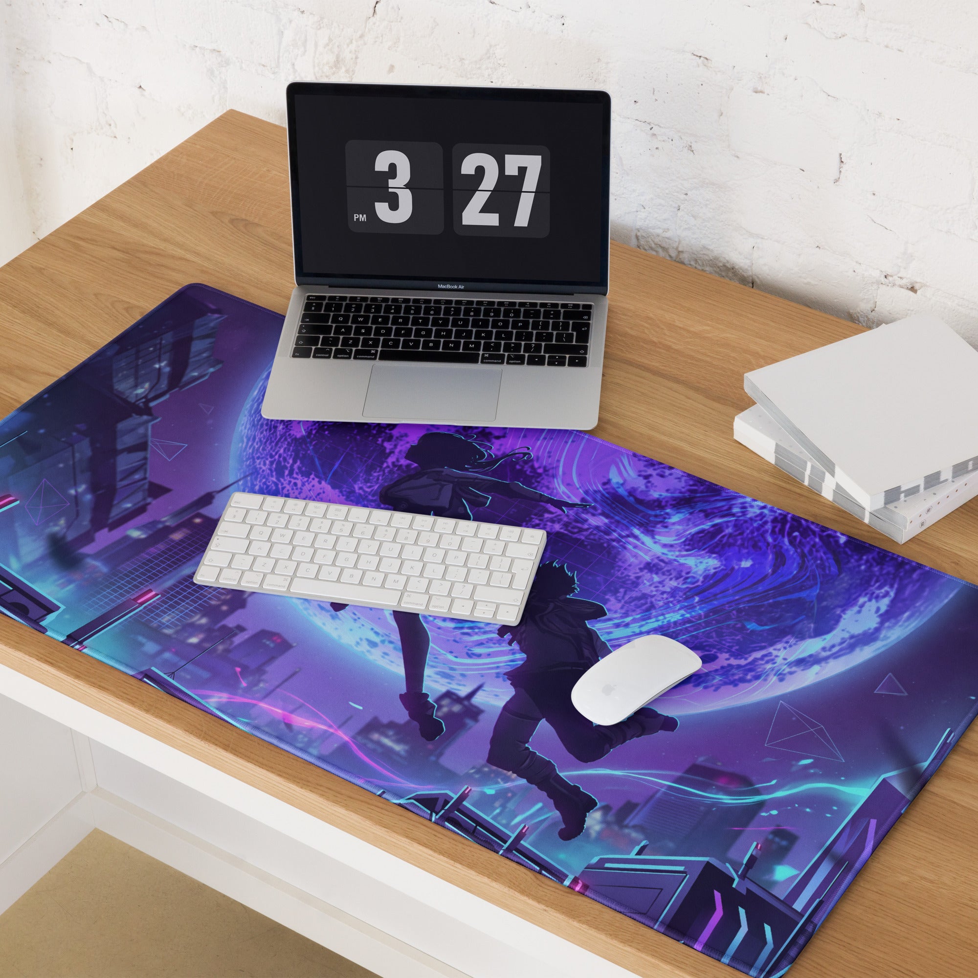 Neon mirage vaporwave mouse pad purple and blue neon gaming desk mat with anime characters and futuristic cityscape design
