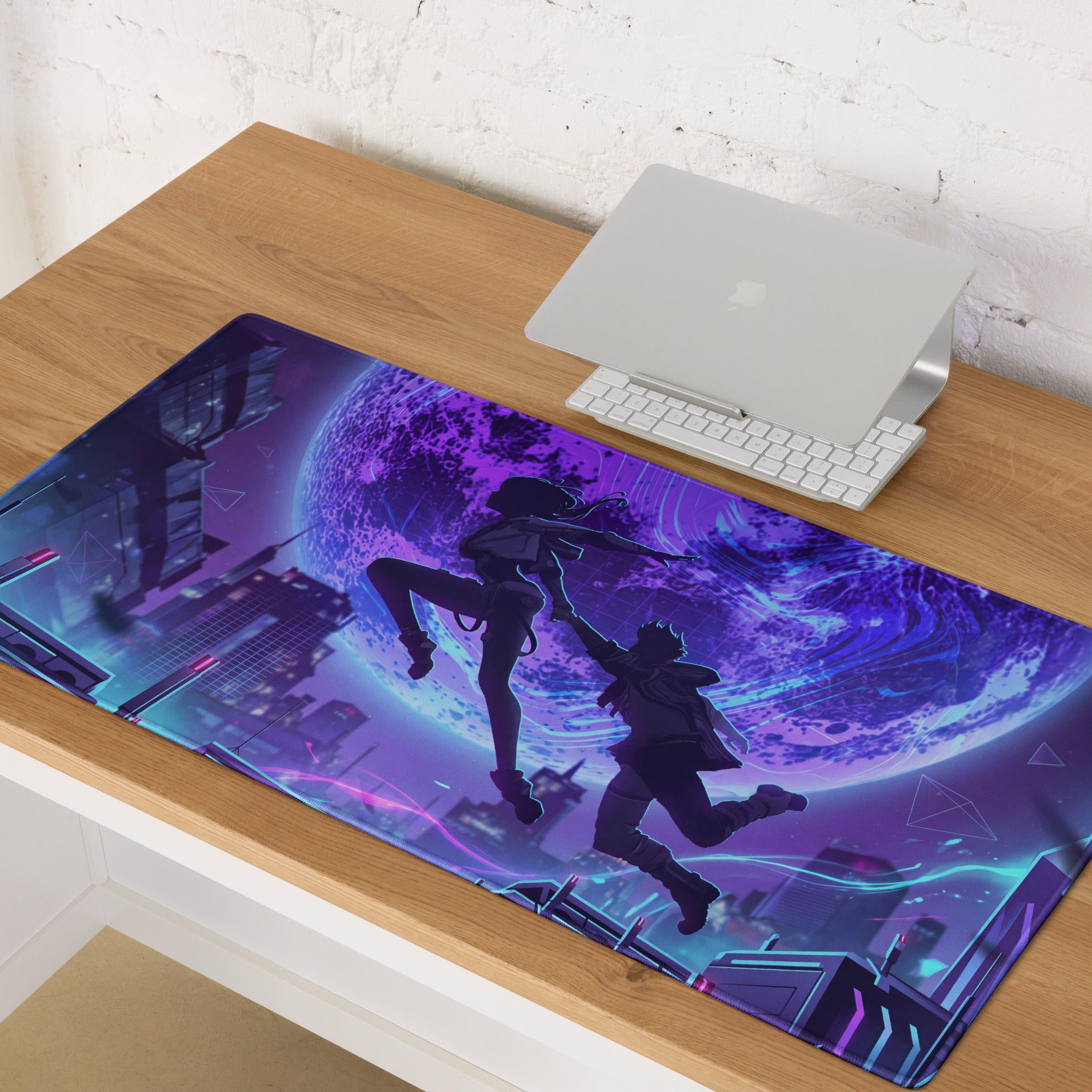 Neon mirage vaporwave mouse pad with vibrant purple and blue neon synthwave design featuring futuristic cityscape and characters